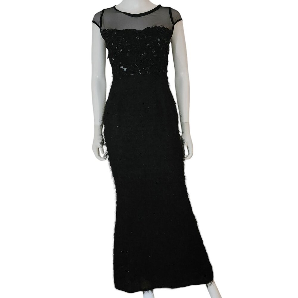 Classic Beaded Lace Eyelash Fringe Metallic Sheath Gown